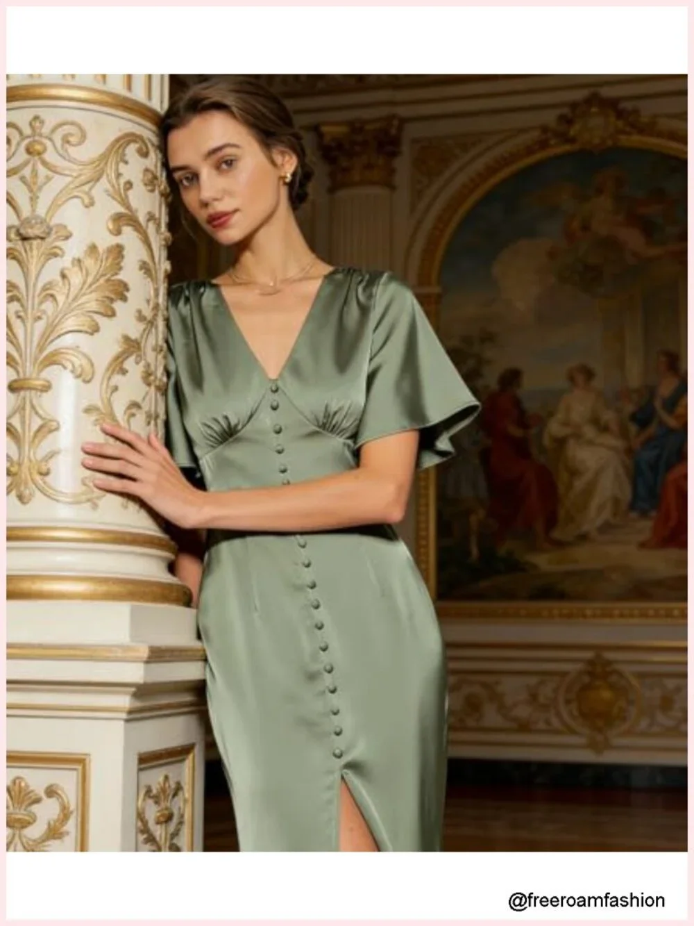 V Neck Ruffled Satin Midi Formal Cocktail Wedding Guest Dress